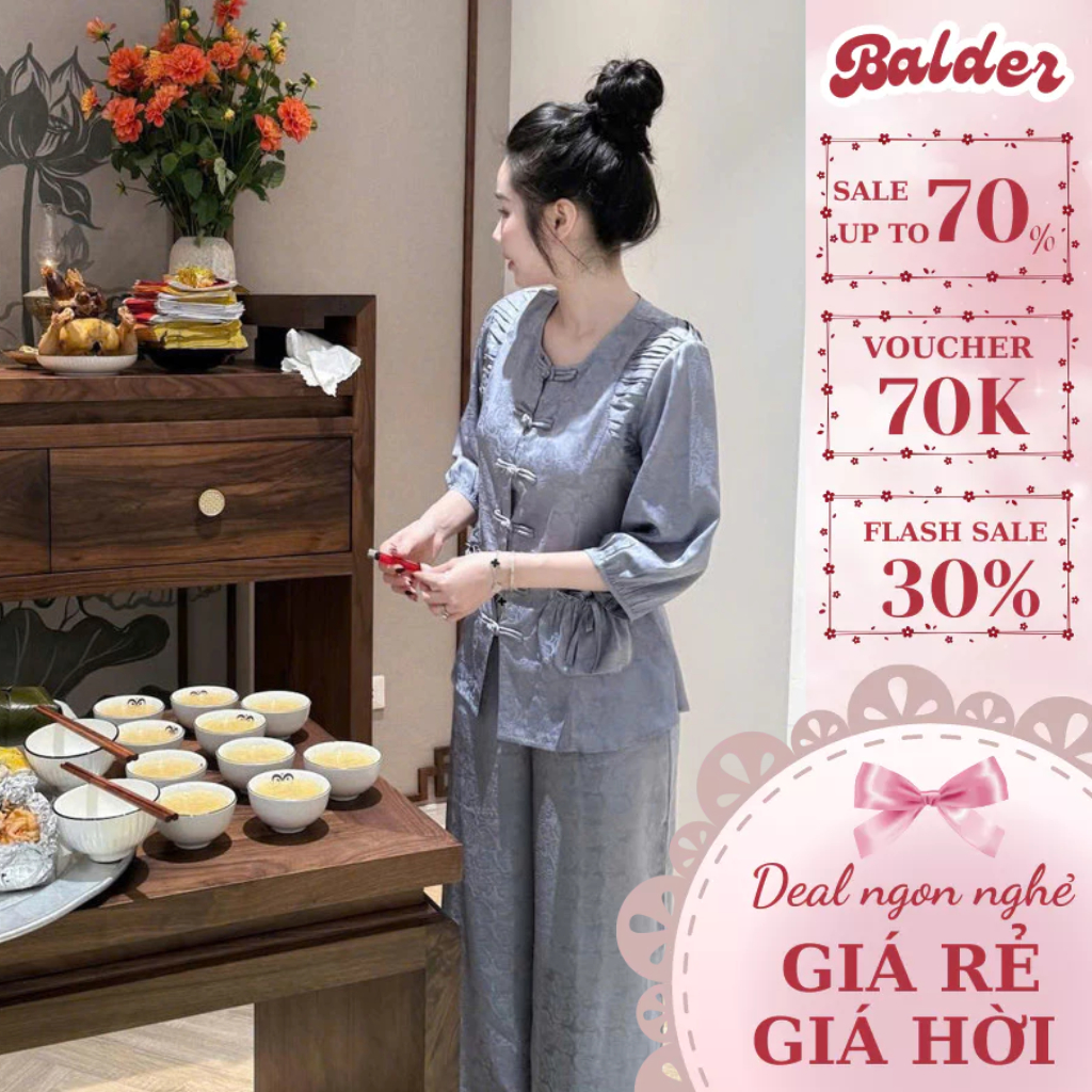 Bộ pháp phục nữ BALDER_FASHION, tay lửng cổ tròn phối quần ống suông trang trọng đi chùa đi chúc tết