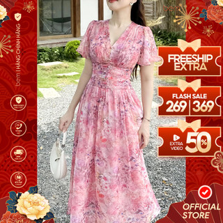Váy Hoa Nhí Hồng Cổ V Dáng Xòe Đính Nút Bọc Bem Design (DR628)