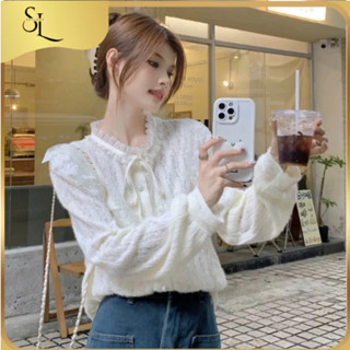 Áo sơ mi thắt nơ Sellena cách điệu, áo kiểu cổ ren màu be dài tay họa tiết ngọt ngào TD01