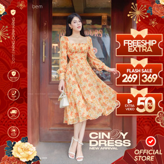 Đầm Hoa Nhí Cam Cổ Vuông Tay Dài  Bem Design (DR515)