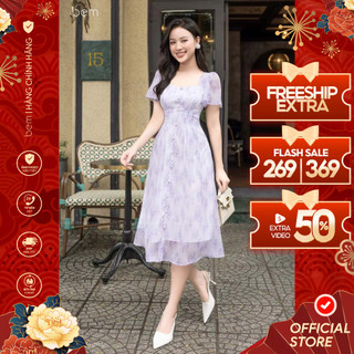 Đầm Hoa Nhí Màu Tím Dáng Xòe Tay Cánh Tiên Cổ Vuông Bem Design (DR612)
