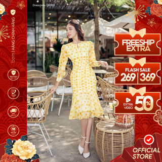 Đầm Hoa Vàng Tùng Đuôi Cá Tôn Dáng Có Nút Bọc BEM Studio (DR383)