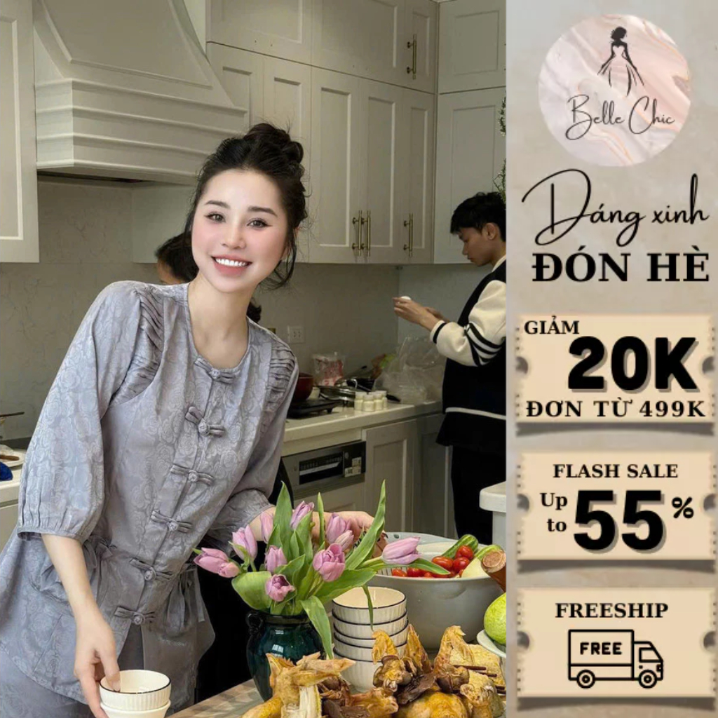 Bộ pháp phục nữ BELLE_CHIC, tay lửng cổ tròn phối quần ống suông trang trọng đi chùa đi chúc tết BL1