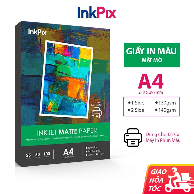 Giấy in màu A4 InkPix mặt mờ 21x30 100 tờ Inkjet matte paper giấy in phun màu tài liệu 50 tờ