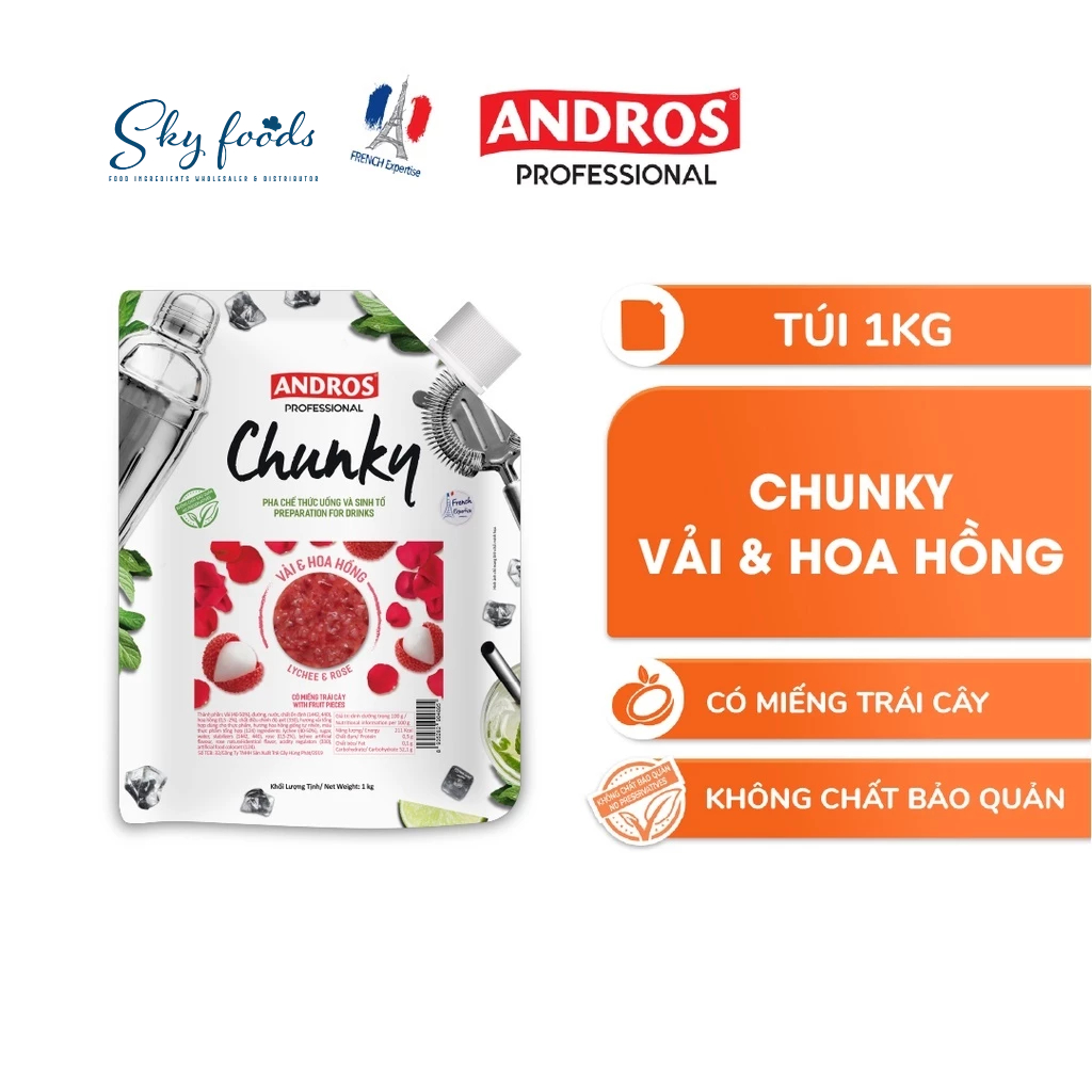 Mứt Chunky Vải và Hoa Hồng Andros (Lychee and Rose Chunky) - túi 1kg