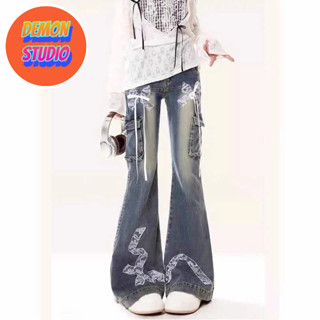  Quần jean bootcut ren nơ cổ điển Mỹ dành cho nữ xuân thu hot girl thiết kế đường phố quần ống loe giảm béo 