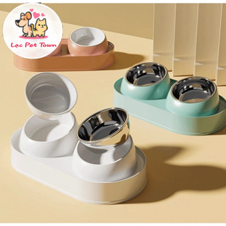 Khay Ăn Đôi Đế Cao Dành Cho Thú Cưng, Chén Ăn Đôi Chó Mèo Chống Kiến, Chống Gù 40x22x12cm Hàng Xịn Có Bát Inox