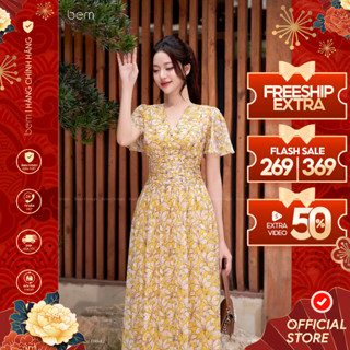 Váy Hoa Nhí Vàng Cổ V Nhún Eo Dáng Midi Xoè Bem Design (DR682)