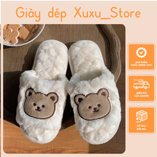  Dép đi trong nhà Nữ lót lông gắn hình Gấu mềm êm chân - Hàng loại 1 