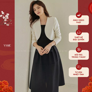 [CÓ TÁCH SET] Set bộ nữ gồm áo khoác rời màu trắng kem và váy đen basic chất dạ mềm YAME YS35