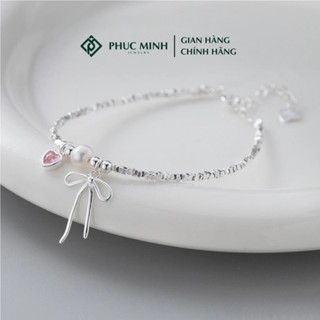 Lắc tay bạc nữ PMJ vòng tay hạt treo Charm nơ thắt và trái tim đá hồng cá tính PMJS0372L
