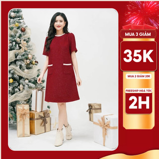 Đầm Đỏ Dáng Suông A Michi House Váy Xuông Thu Đông Dự Tiệc Dáng Dài Đến Gối Mặc Noel Tết Bigsize 75kg Bầu Mặc Xinh V533
