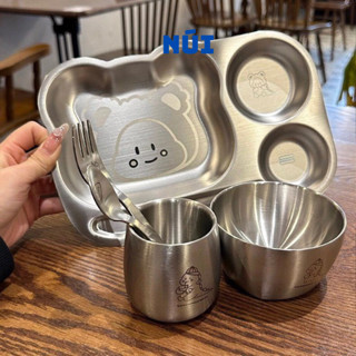 Bộ 5 Món Đồ Ăn Dặm Cho Bé : Khay, Cốc, Bát, Thìa, Dĩa hình thú dễ thương bộ đồ ăn mẫu giáo 3 ngăn inox 304