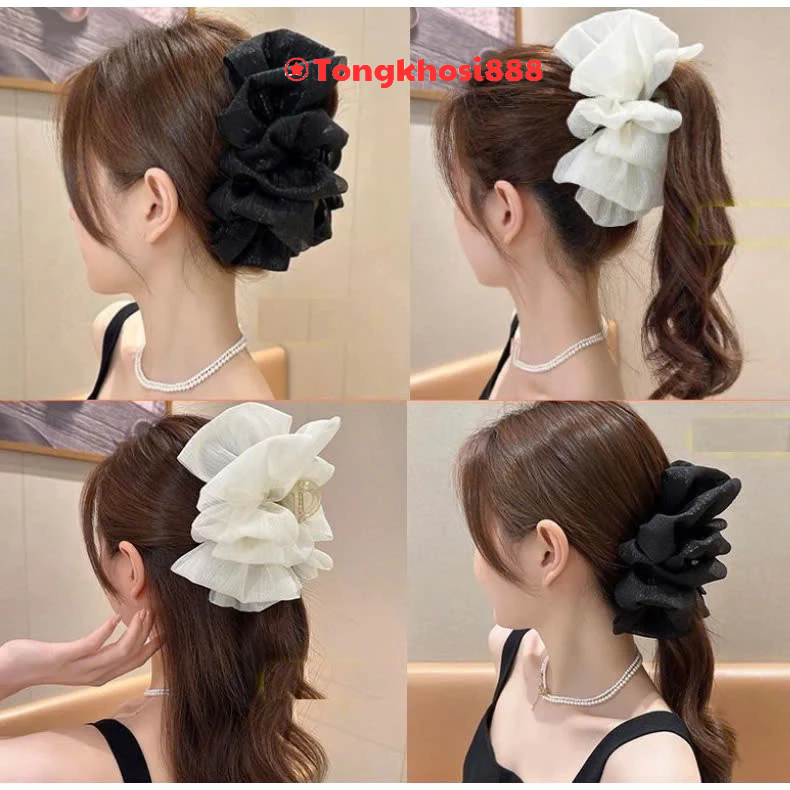 PVN68323 Kẹp càng cua cá mập kẹp dọc đen trắng nơ hoa xòe nhiều tầng tiểu thư tongkhosi888