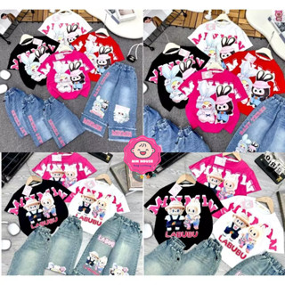   18-45kg dưới 1m5  Set áo thun cotton in hình Labubu Baby Three ngộ nghĩnh phối quần TUA RUA MIN MIN cho bé gái 