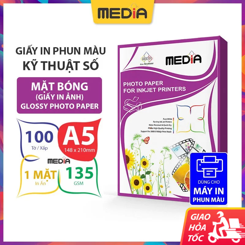 Giấy In Ảnh Media 1 Mặt Bóng A5 (15x21) 135gsm 100 Tờ, Photo Paper Glossy Giấy Ảnh, Giấy In Phun Màu