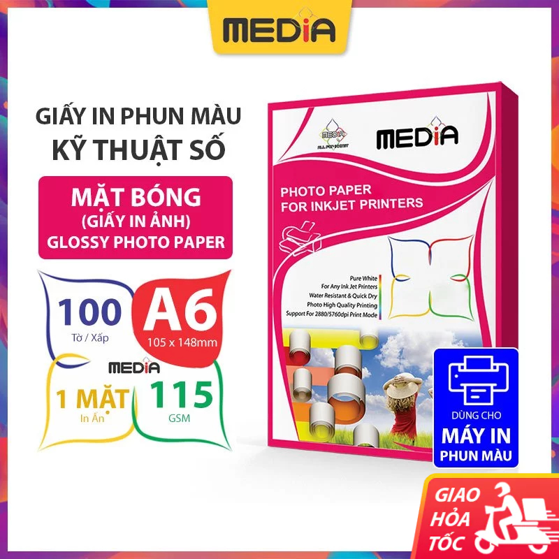 Giấy In Ảnh Media 1 Mặt Bóng A6 (10x15) 115gsm 100 Tờ, Photo Paper Glossy Giấy In Phun Màu Loại Mỏng