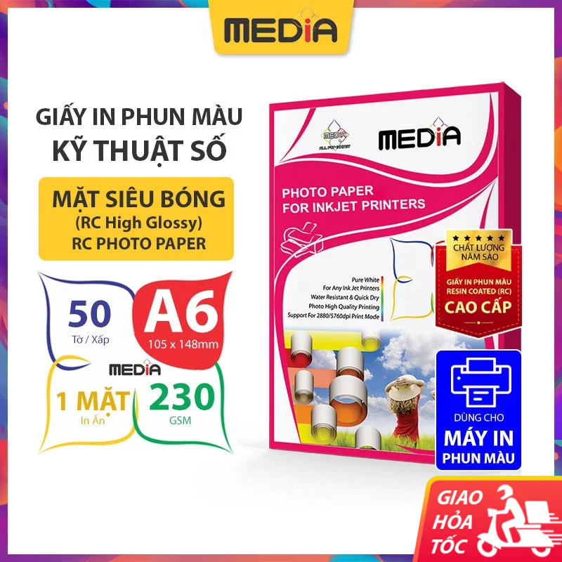 Giấy In Ảnh Media 1 Mặt Siêu Bóng A6 (10x15) 230gsm 50 Tờ, RC Hight Glossy Photo Paper Giấy Ảnh