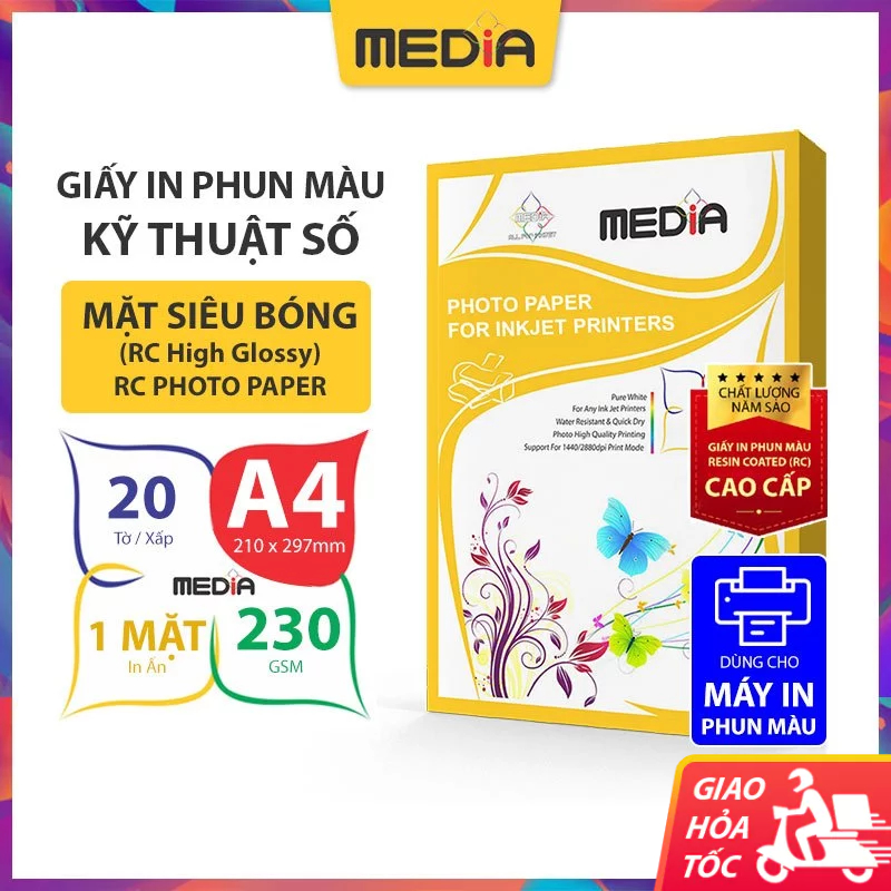 Giấy In Ảnh Media 1 Mặt Siêu Bóng A4 (21x30) 230gsm 20 Tờ, RC Hight Glossy Photo Paper Giấy Ảnh