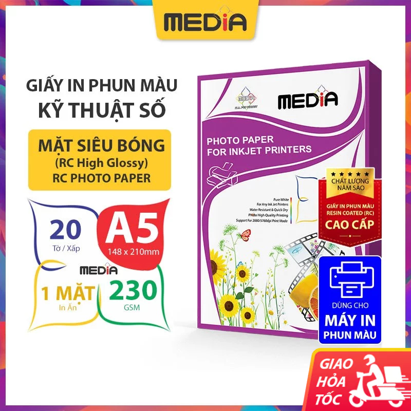 Giấy In Ảnh Media 1 Mặt Siêu Bóng A5 (15x21) 230gsm 20 Tờ, RC Glossy Photo Paper Giấy Ảnh Cao Cấp