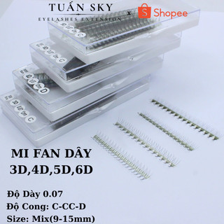 Mi fan dây 3D-4D-5D-6D hộp Mix size 9-15mm dày 0.07_cong C-CC-D_Dụng cụ nối mi TUẤN SKY