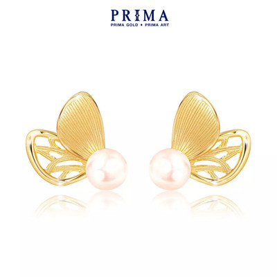 PRIMA Bông Tai Vàng 24K + Ngọc Trai - Hình Cánh Bướm - (Chuôi+ Chốt 18k) - 165E1004