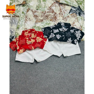 (SOMI-ĐỎ LÁ) bộ quần áo sơ mi vải lụa họa tiết tươi sáng cho bé chơi tết, size 6kg-30kg