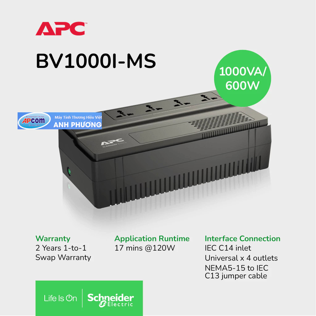 Bộ lưu điện UPS APC BV1000I-MS (Line Interactive/ 1000VA/600W)