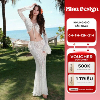 Set đồ nữ đi biển quyến rũ mina design áo ren tay loe phối váy ren suông dài sang chảnh, chuẩn outfit du lịch