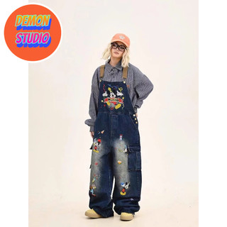 Quần yếm denim họa tiết hoạt hình thêu dày phong cách Mỹ mùa hè cho nữ quần ống rộng rộng rãi