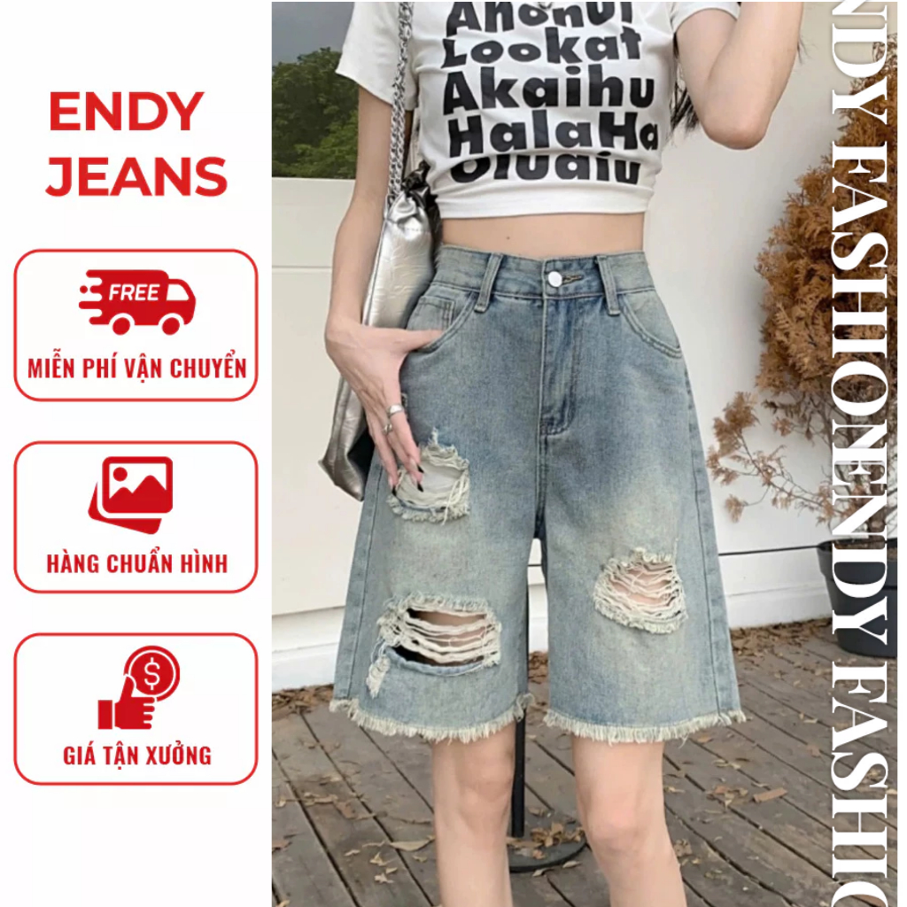 Quần jeans ngố rách ống rộng tua gấu thời trang, quần bò nữ form lửng phong cách năng động ED16 | BigBuy360 - bigbuy360.vn