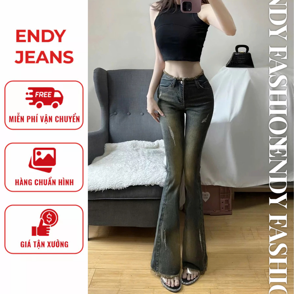 Quần jeans nữ ống loe cạp cao tua gấu, quần bò nữ màu xanh rêu thời trang chất vải co giãn ED25 | BigBuy360 - bigbuy360.vn