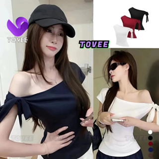 Áo Thun TRỄ VAI THẮT NƠ Dáng Dài Cộc Tay Mặc Nhiều Kiểu DD94, Áo Thun Nữ Chất Borip Nhiều Màu  Kiểu Lệch Vai TOVEE