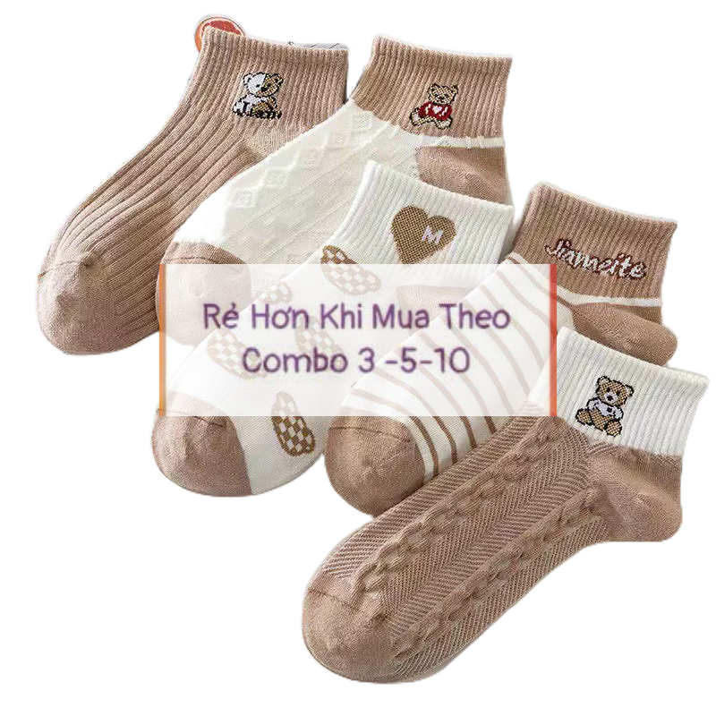 Combo 5 Đôi Tất Gấu Cổ Bèo Tone Nâu Trà Sữa Siêu Xinh