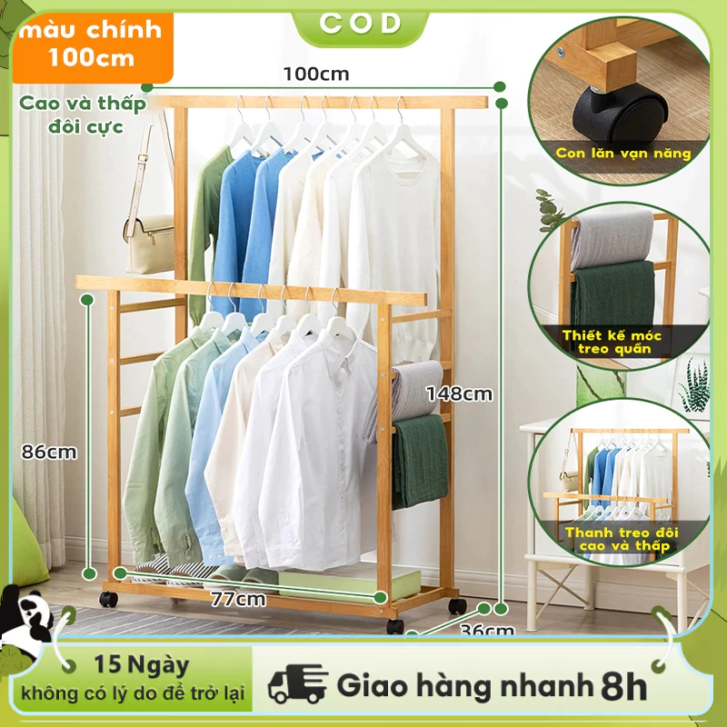 LACC Kệ treo quần áo đôi Giá treo quần áo treo khăn gỗ thông nhập khẩu chắc chắc di chuyển tiện lợi