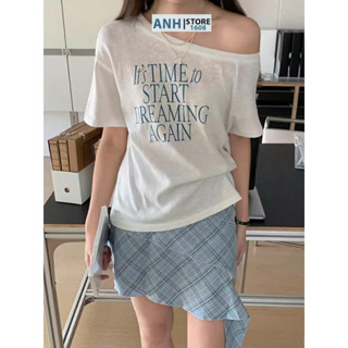 Áo thun lệch vai Ngắn Tay Nữ Nhà ANHSTORE, chất thun Xược giấy , phom rộng in hình cá thời trang