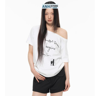 Áo Thun Lệch Vai Ngắn Tay chất COTTON 4C Cao Cấp ANHSTORE, phom rộng in hình cá tính