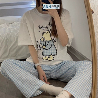 Bộ mặc nhà Nữ tay Ngắn quần Caro ANHSTORE , áo thun cotton kết hợp QUẦN DÀI SUÔNG Full size tới65kg