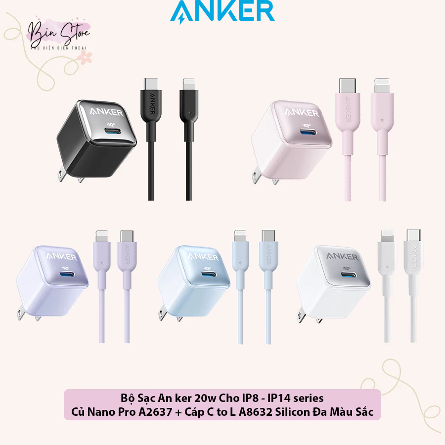 (Sạc Cho lP8-14prm) Bộ Sạc Anker 20w A2637 Nano Pro, Cáp C to L A8632 Silicon Nhiều Màu Sắc