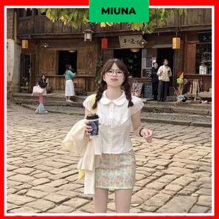 Áo sơ mi nữ cổ sen Miuna tay bồng, Áo sơ mi trắng dáng ngắn phong cách dễ thương S44