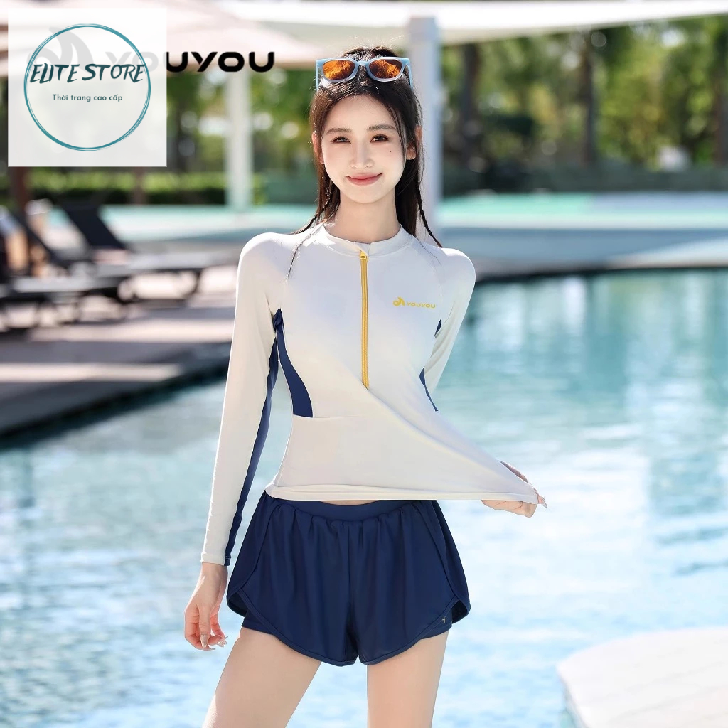 Đồ bơi nữ dài tay 2 mảnh ELITE, Bikini đi biển chất thun lạnh cao cấp có đệm ngực, quần 2 lớp kín đáo