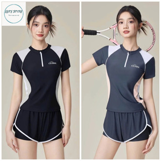 Đồ bơi nữ cộc tay 2 mảnh ELITE, Bộ tập gym, chạy bộ chất thun lạnh kèm đệm ngực, quần 2 lớp kín đáo