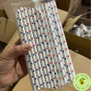 Túi 100 Ống Hút Giấy 3 Lớp Màu Trắng Họa Tiết Sao, Từ 6mm -  8mm Ống Hút Giấy Bảo Vệ Môi Trường