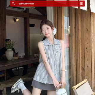 Áo sát nách Sherry kẻ sọc, Áo form rộng cổ sơ mi vintage nữ tính nhẹ nhàng A86