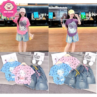 (16-42kg 1m5) Set áo thun cotton hoạ tiết mèo hoạt hình phối quần sọc jean rách cá tính cho bé gái