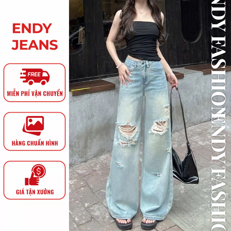 Quần jean nữ ống suông rộng rách gối cá tính, quần bò nữ cạp cao hack dáng thời trang ED22 | BigBuy360 - bigbuy360.vn