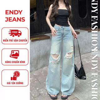 Quần Jean Nữ Ống Suông Rộng Rách Gối, Quần Bò Nữ Cạp Cao Hack Dáng Thời Trang ED22