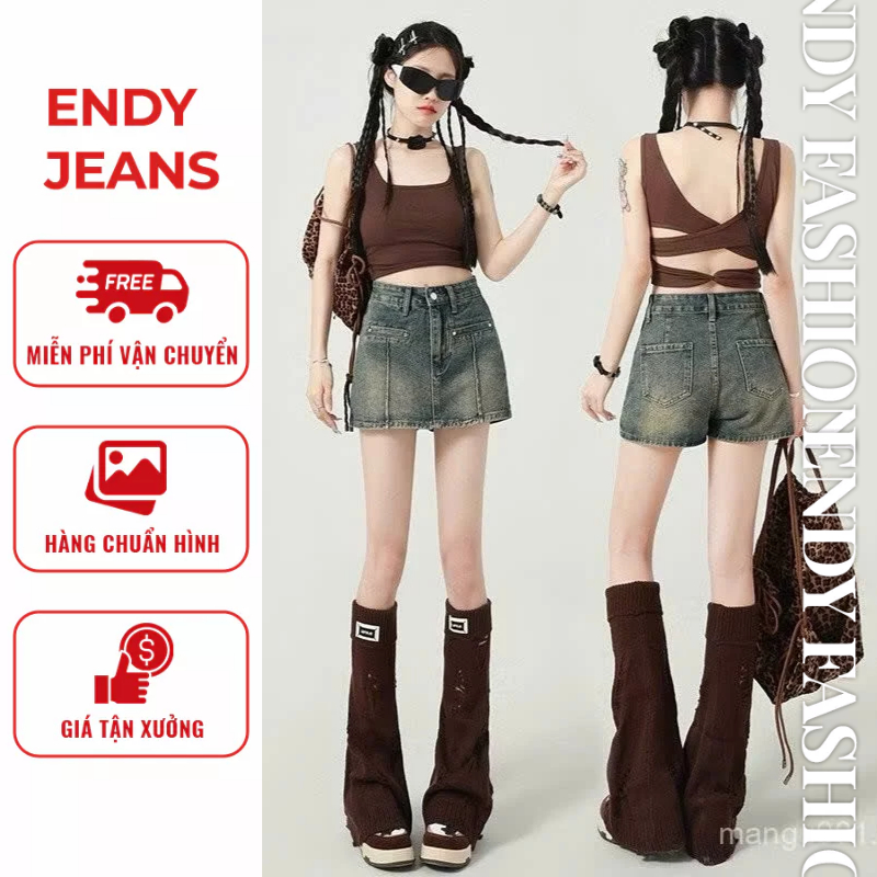 Quần short jeans giả váy dáng chữ A cạp cao tôn dáng màu xanh pha rêu retro thời trang ED07 | BigBuy360 - bigbuy360.vn