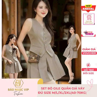   Có Bigsize  Set Gile Nữ Bảo Ngọc VIP + Quần Giả Váy Kaki sọc cao cấp  đứng form 