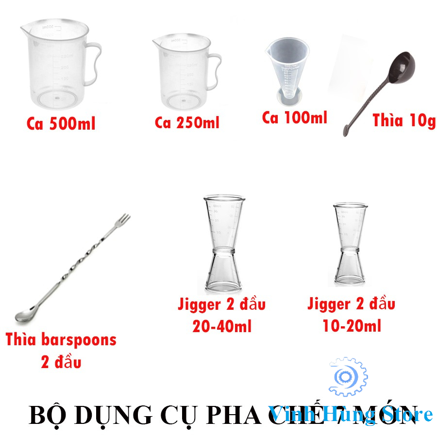 Bộ dụng cụ pha chế 7 món (ca 500-250-100ml, thìa nâu, thìa khuấy inox, jigger 10/20 - 20/40ml)